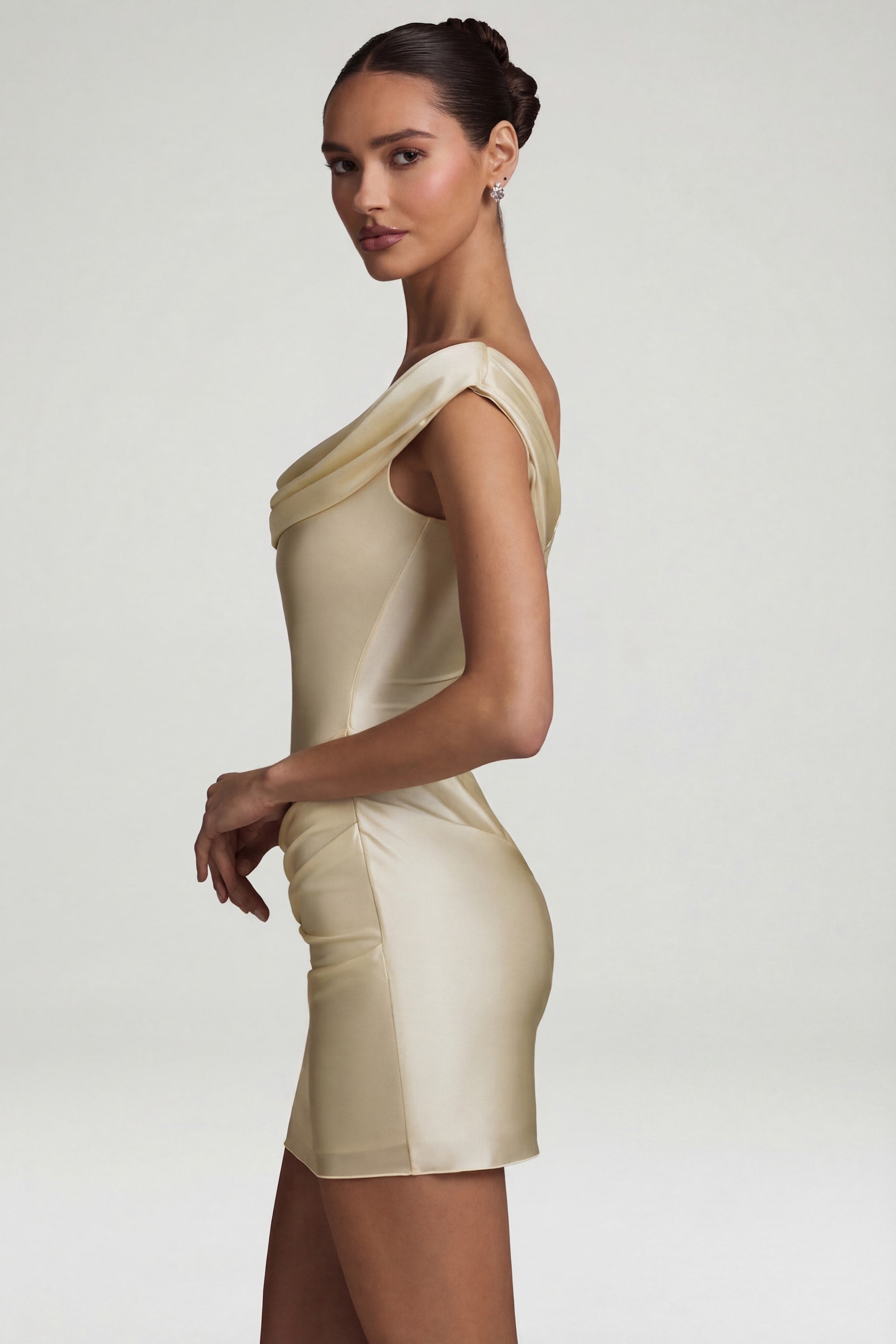 Satin Off-Shoulder Draped Mini Dress in Ivory