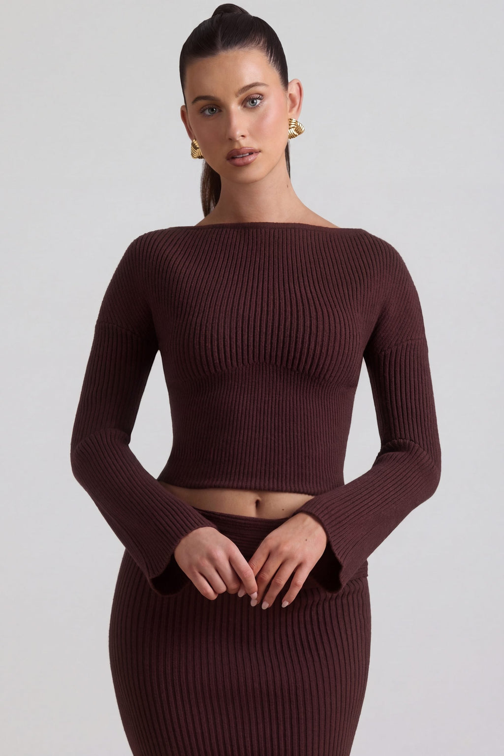 Ribbed-Knit Slash-Neck Top in Espresso