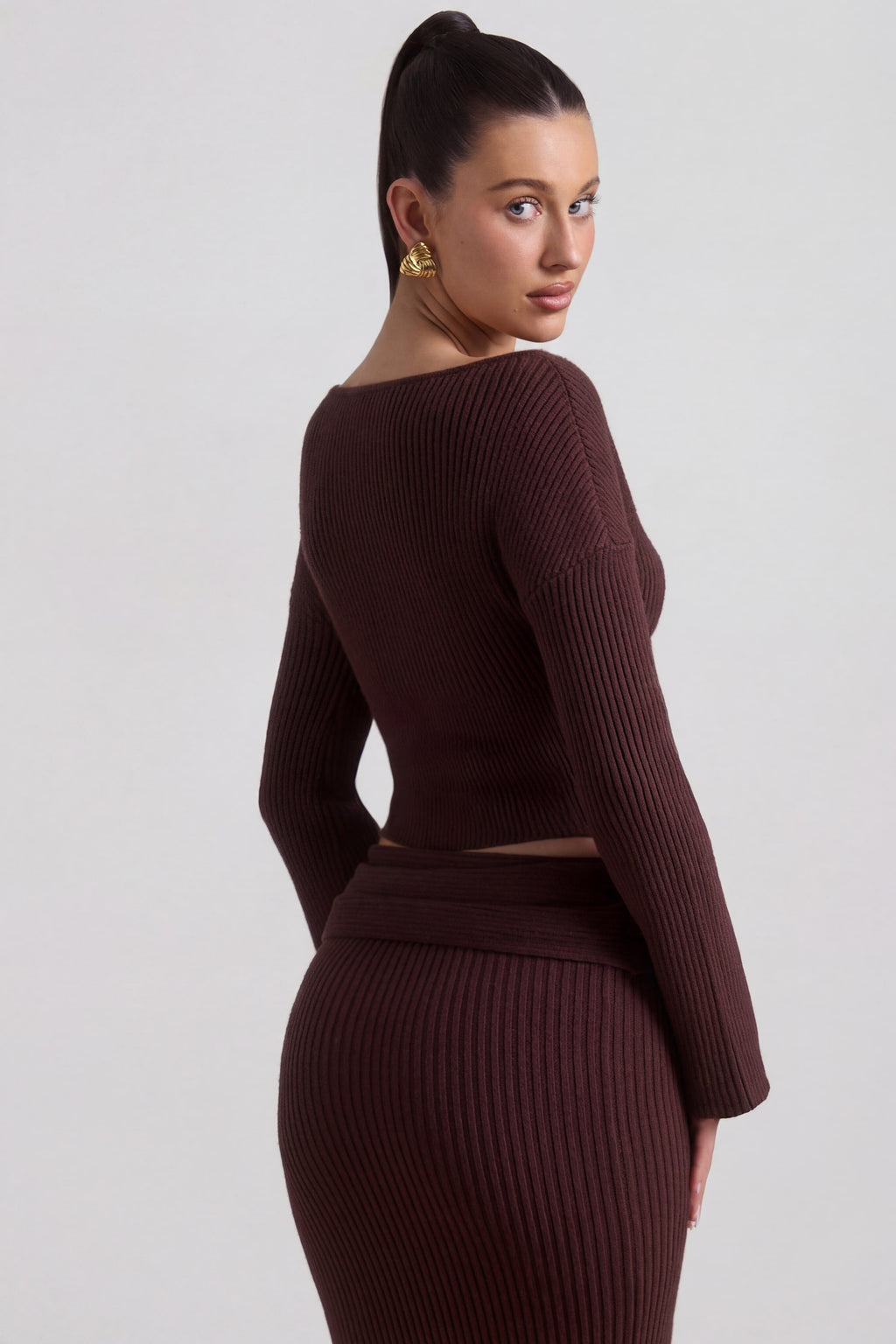 Ribbed-Knit Slash-Neck Top in Espresso
