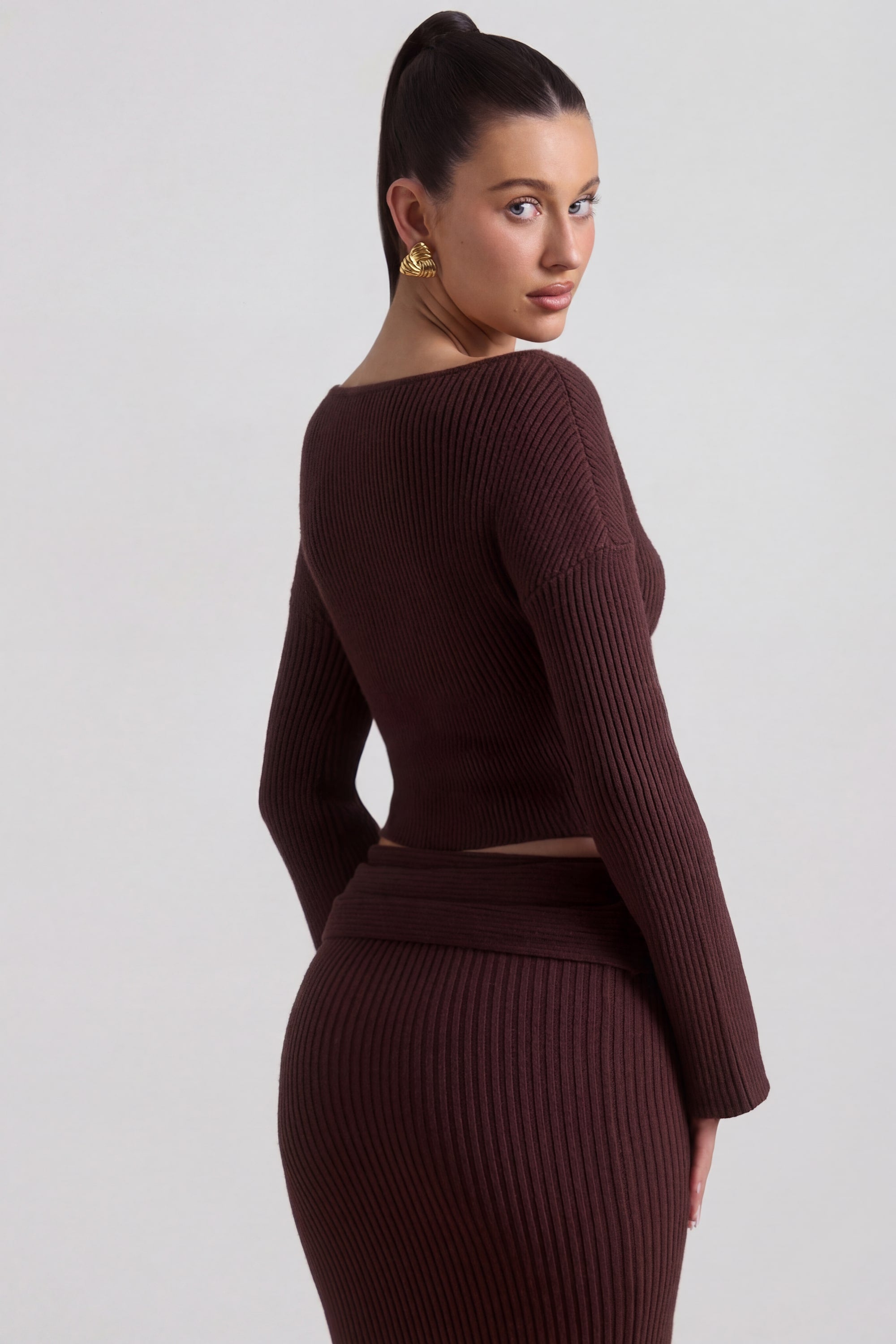 Ribbed-Knit Slash-Neck Top in Espresso