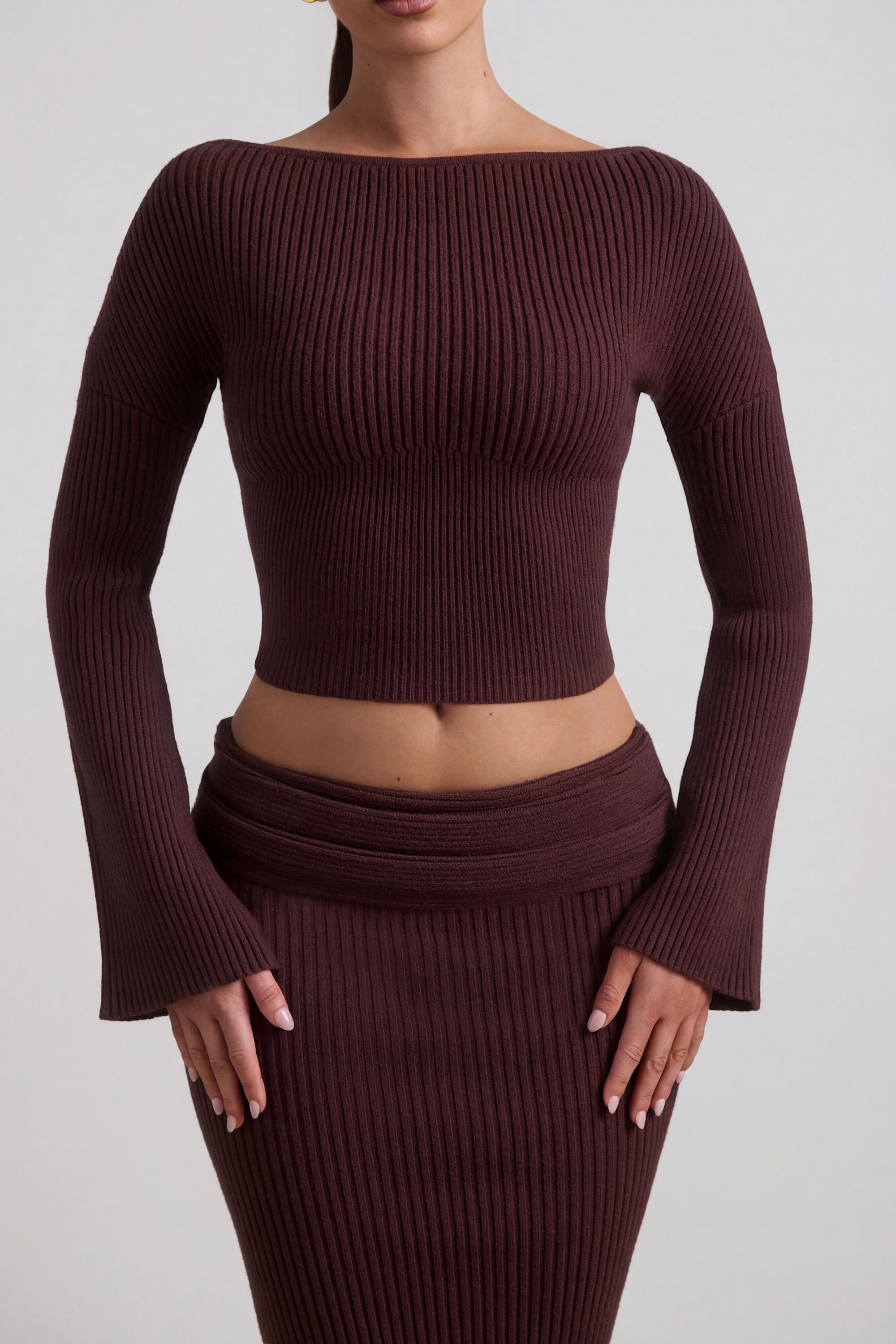 Ribbed-Knit Slash-Neck Top in Espresso