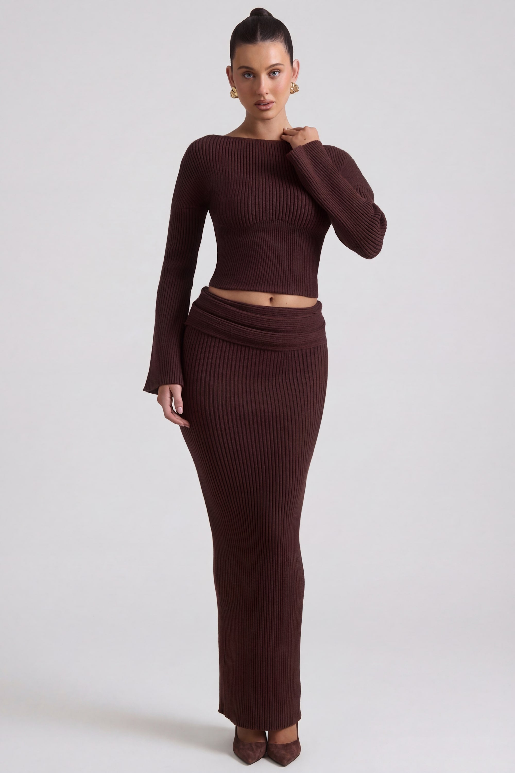 Ribbed-Knit Slash-Neck Top in Espresso