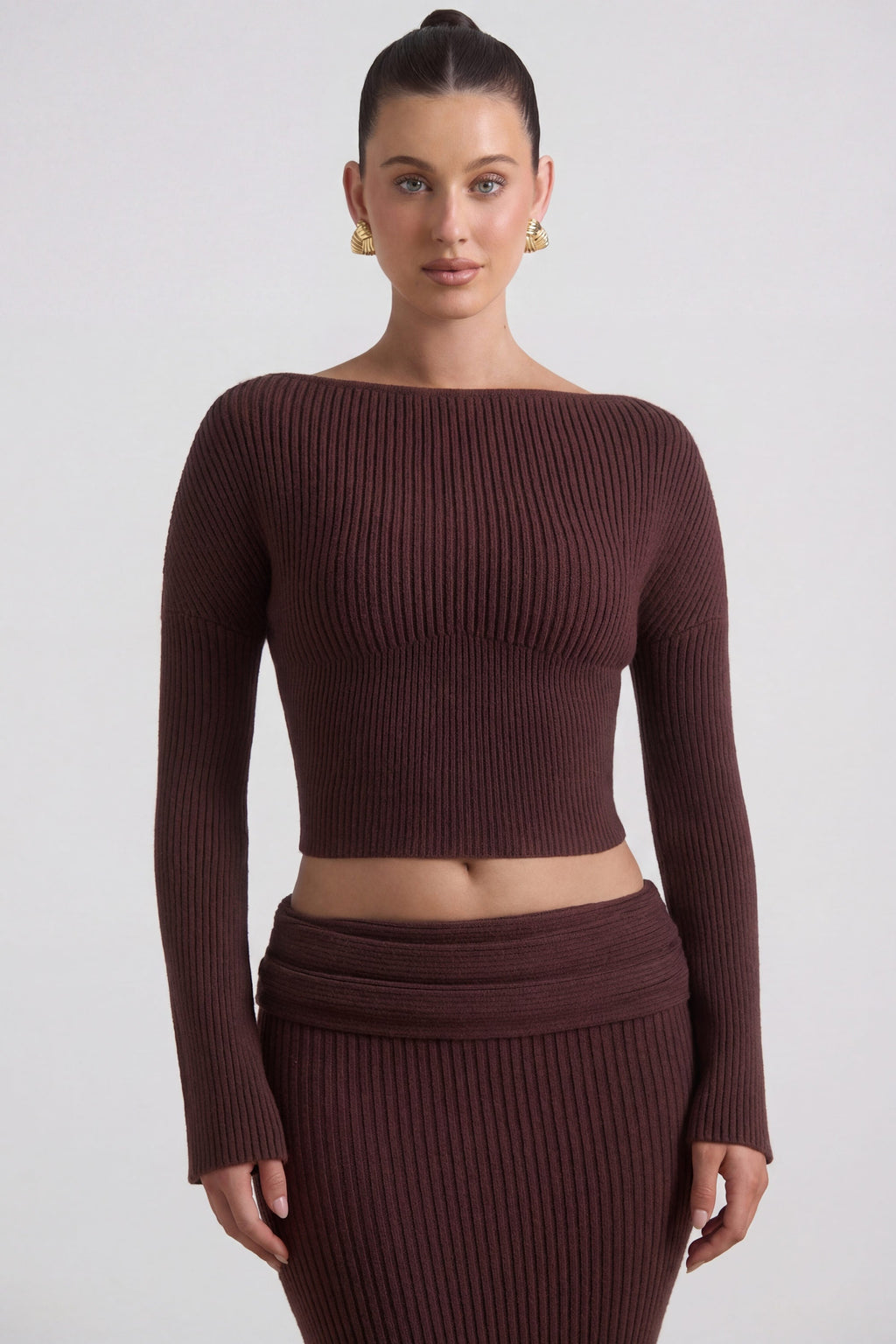 Ribbed-Knit Slash-Neck Top in Espresso
