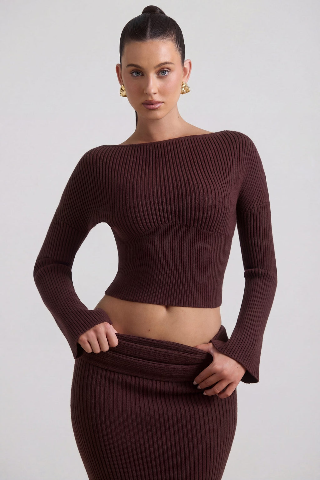 Ribbed-Knit Slash-Neck Top in Espresso