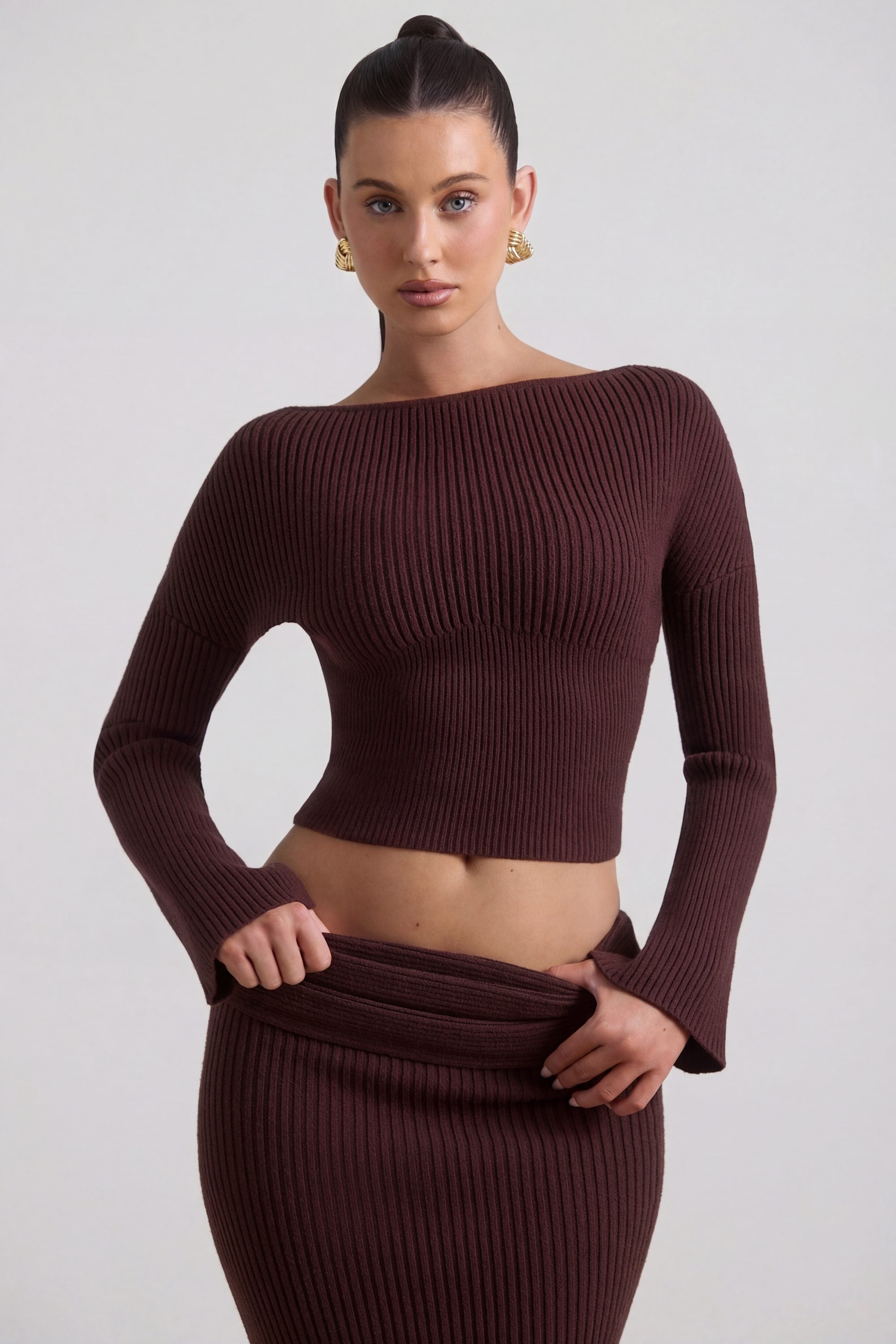 Ribbed-Knit Slash-Neck Top in Espresso