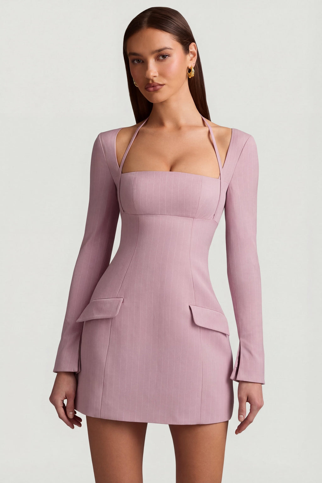 Pinstripe Structured A-Line Mini Dress in Mauve