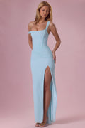 Mesh Draped Corset Gown in Light Aqua