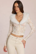 Lace Faux-Fur-Trim Cardigan in Ivory