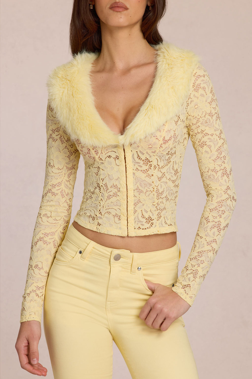 Lace Faux-Fur-Trim Cardigan in Lemon Yellow