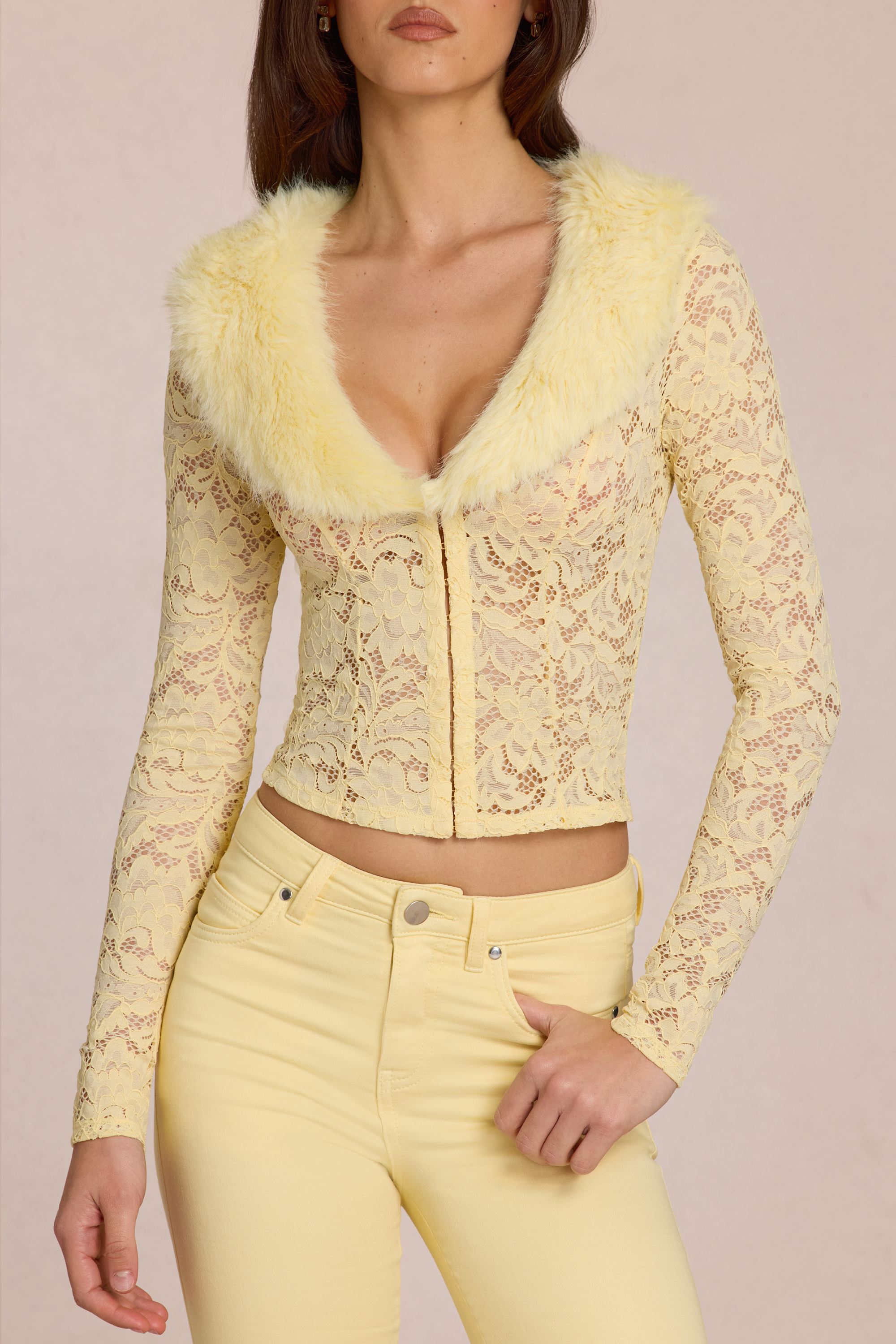 Lace Faux-Fur-Trim Cardigan in Lemon Yellow