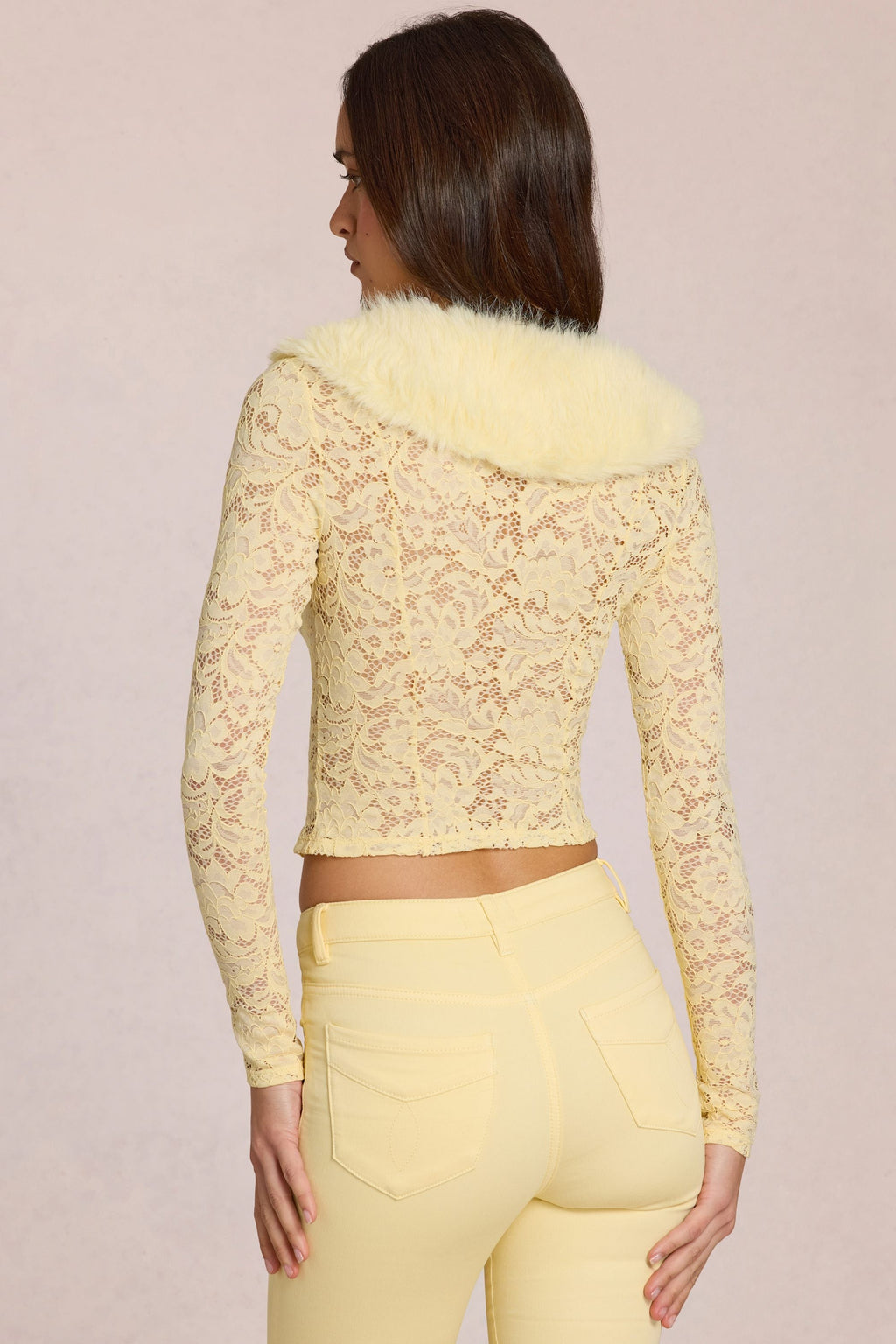 Lace Faux-Fur-Trim Cardigan in Lemon Yellow