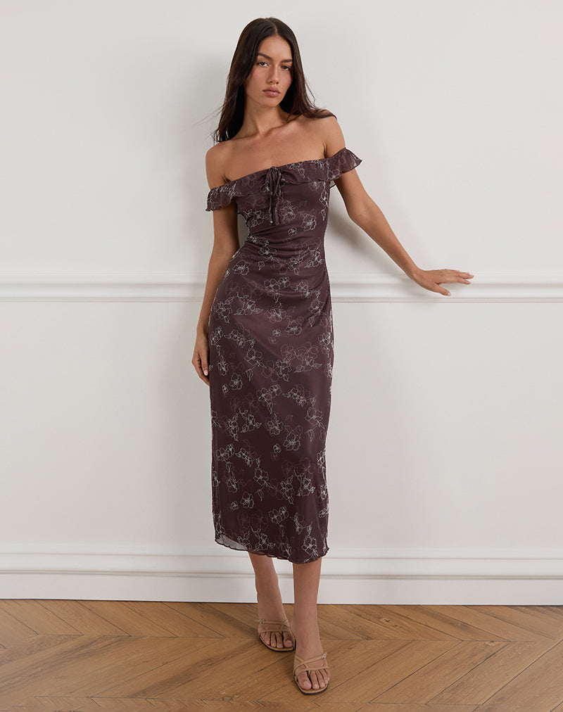 Catrin Midi Dress in Doodle Flower Flock Brown