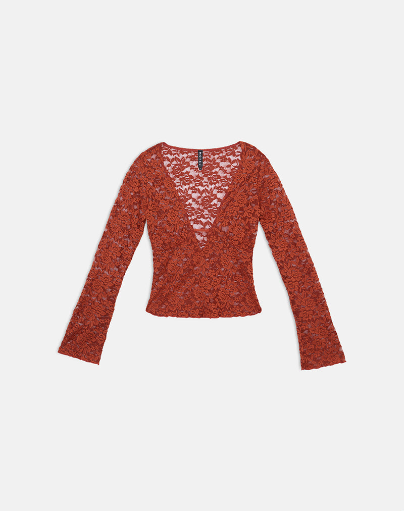 Mahota Deep Plunge Long Sleeve Top in Lace Mesh Brick