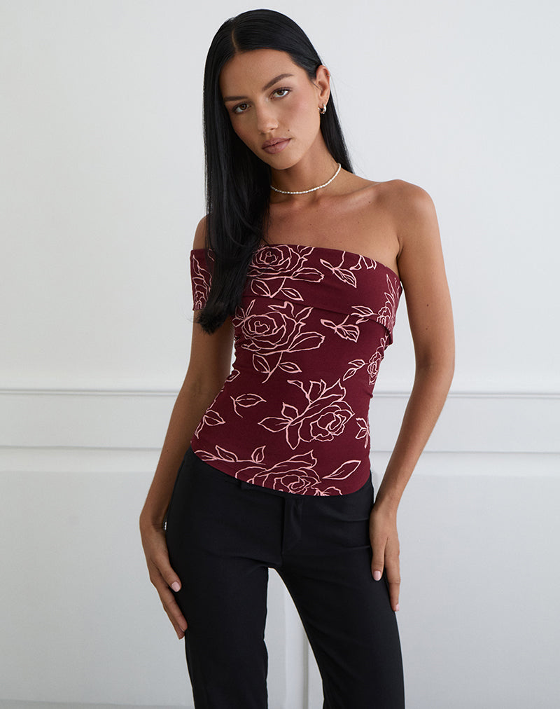 Marga One Shoulder Top in Outline Rose Maroon
