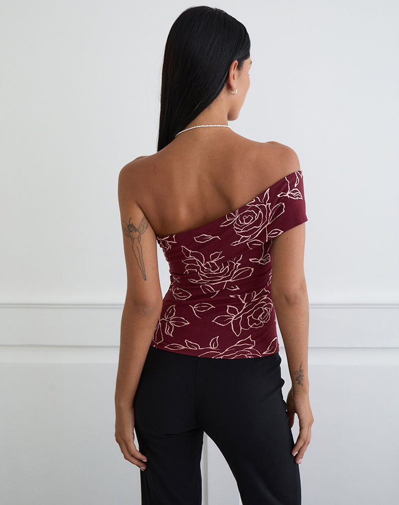 Marga One Shoulder Top in Outline Rose Maroon