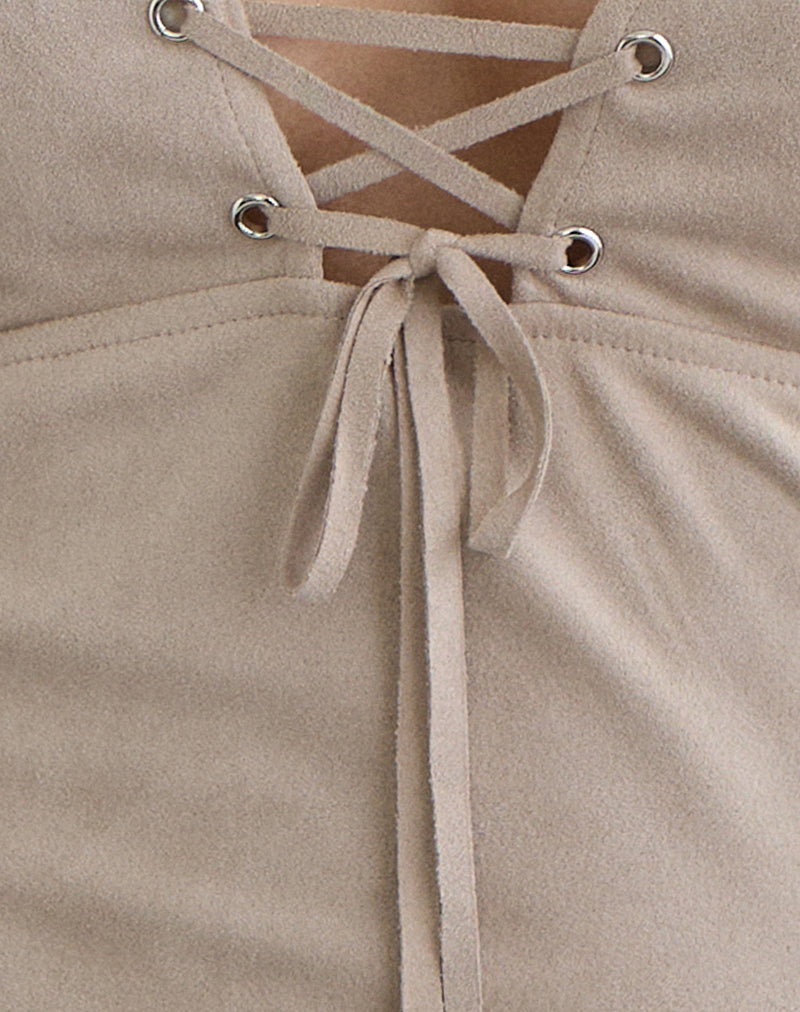 Miella Tie Front Top in Suede Light Taupe with Eyelets